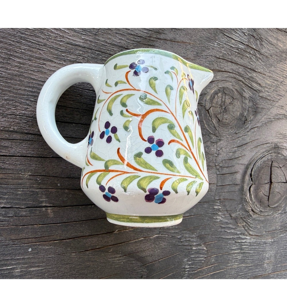 Vintage Portugal Hand Painted Floral‎ Ceramic Creamer Pitcher White Purple F226